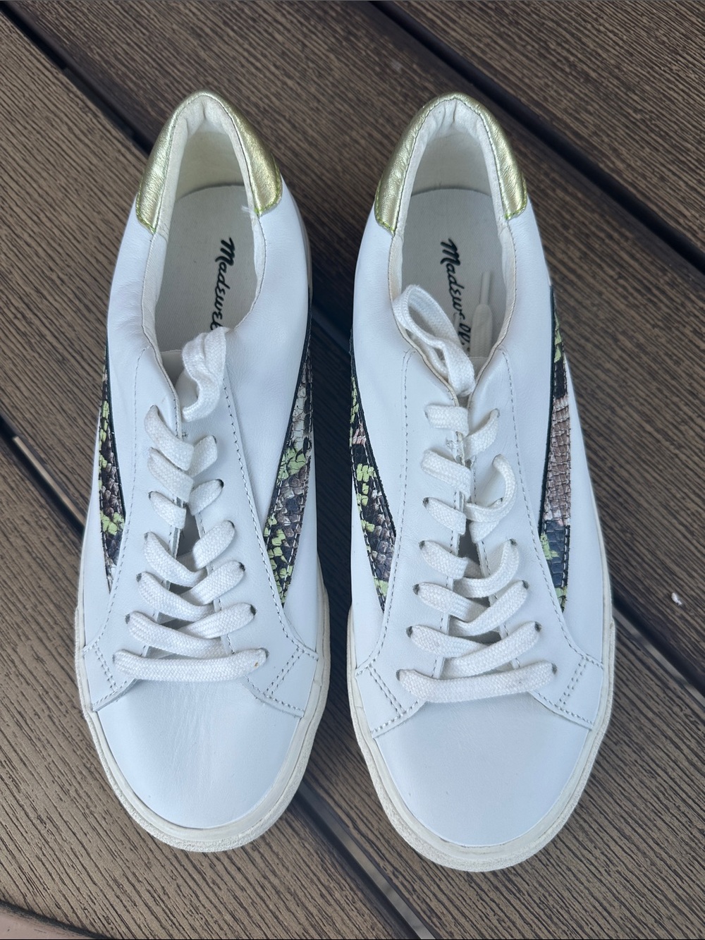 Madewell Sidewalk Low Top Sneakers White Leather Snake Print Gold Accent MWL